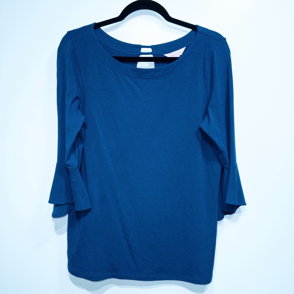 Lilly Pulitzer Navy Blue Bell Sleeve Fontaine Top Size Medium - Picture 2 of 8